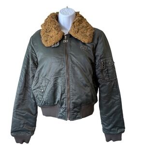 Guess Authentic Bomber Jacket Fur Collar Olive Green Retro Vintage Women Medium